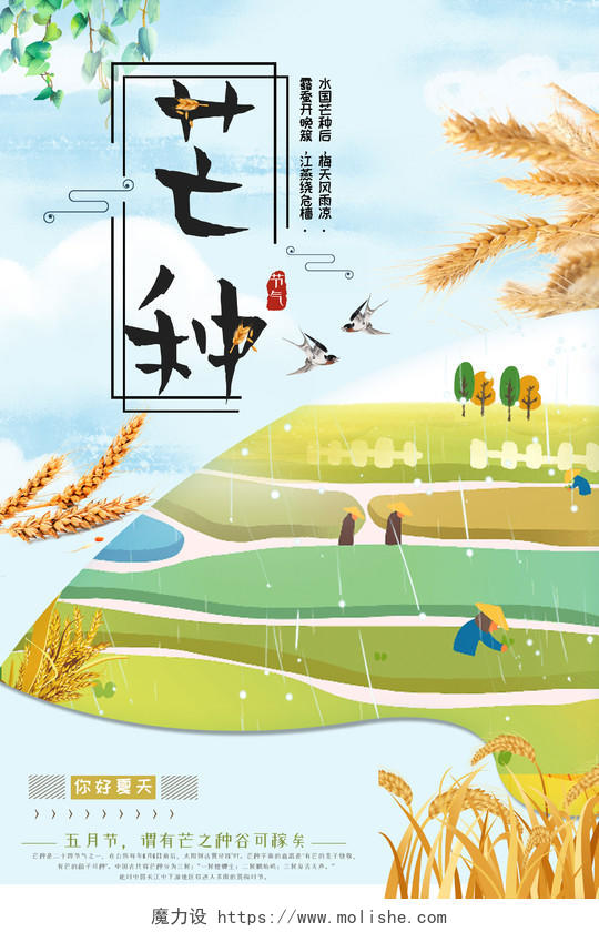 卡通可爱风2019传统二十四节气芒种金色小麦宣传海报